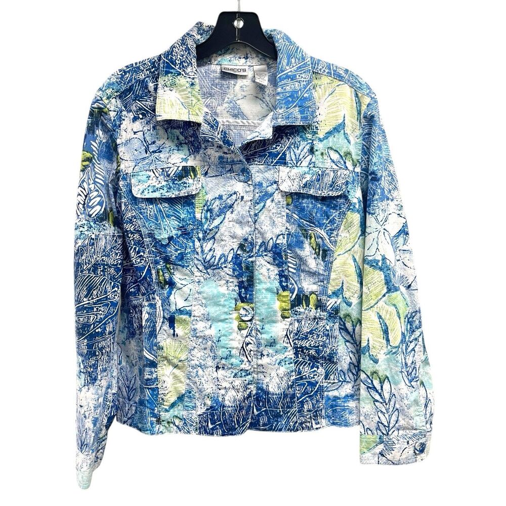 Chico’s 1 Women's Size Medium Lightweight Jacket Blue Green Floral Front Pockets